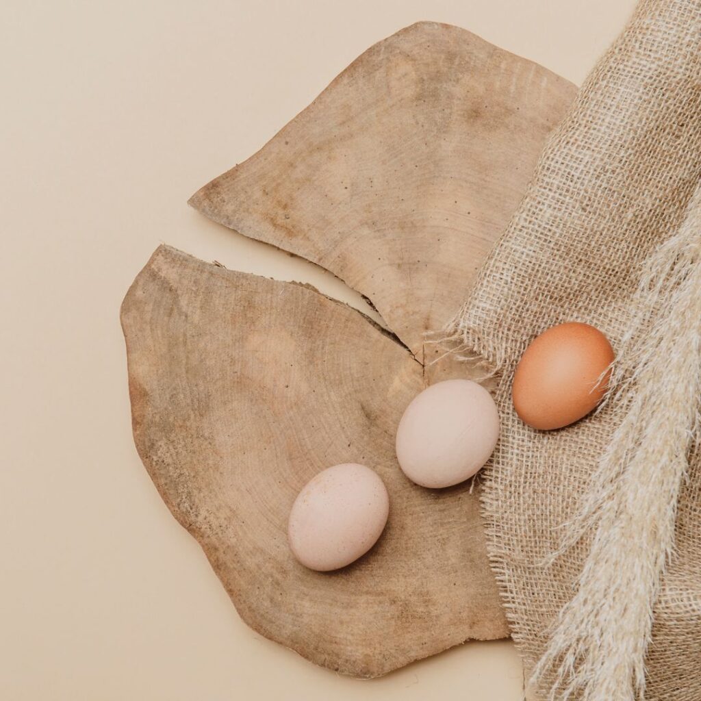 brown and tan eggs on top of burlap and wood
